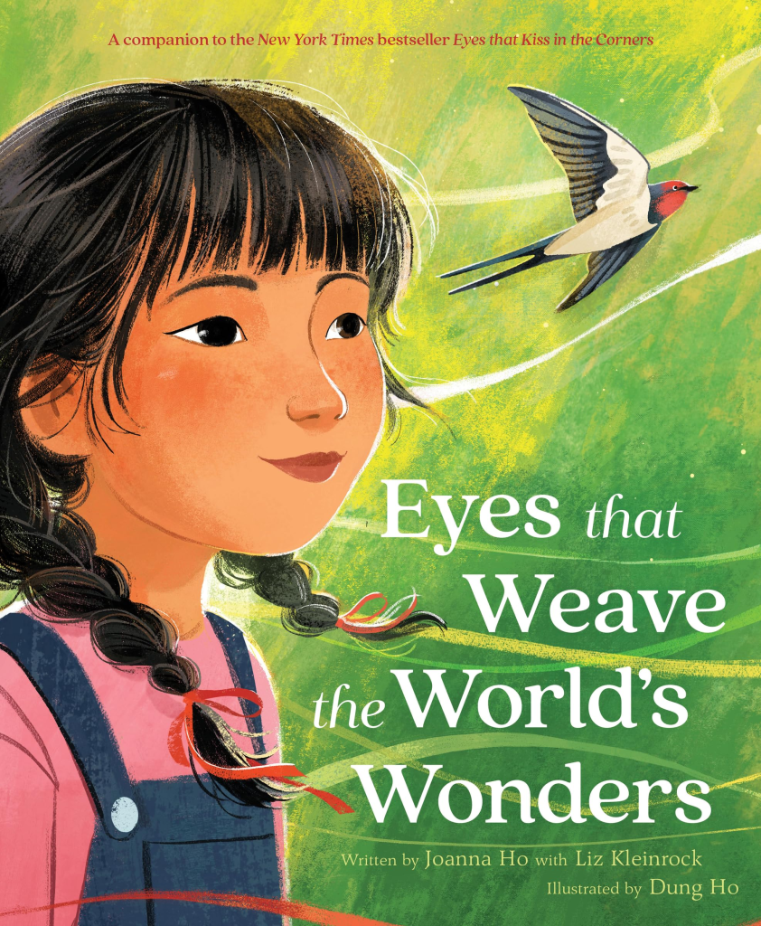 An illustrated book cover featuring a young child with short dark hair and warm brown skin, gazing upward with wide, curious eyes. Their eyes reflect a vibrant world of patterns, colors, and interconnected threads, symbolizing diverse perspectives and the beauty of storytelling. The title, 'Eyes that Weave the World's Wonders,' appears in flowing, artistic typography, complementing the rich and inviting hues of the background.